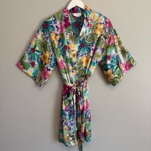 Cabernet Floral Satin Robe Small Silky Loungewear Kimono Coverup